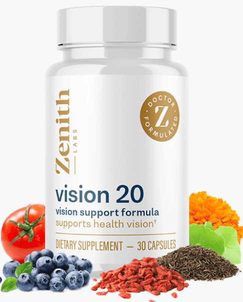 Bottle of Vision 20 supplement, a natural formula for supporting and improving sharp eyesight.